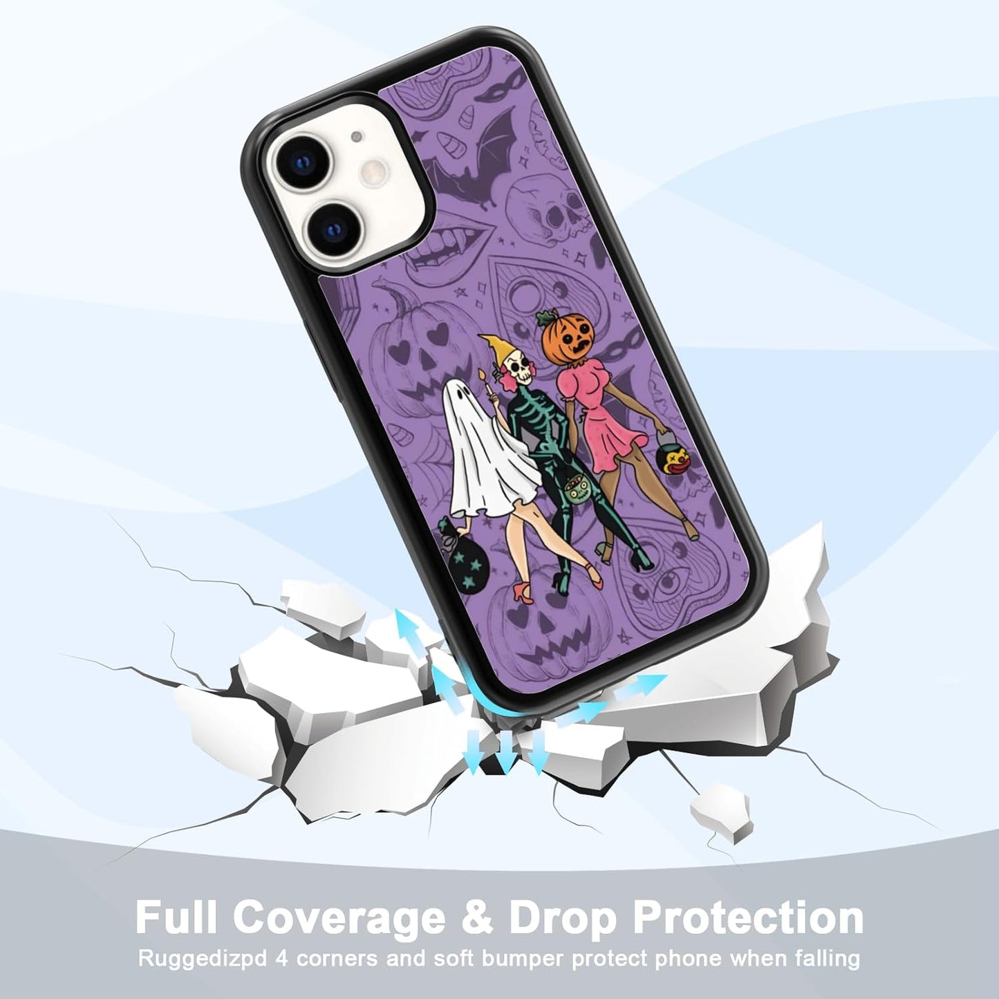 Halloween Spooky Ghost Phone Case for iPhone 11, TPU Shockproof Protective Cover with Eyeball Bat Bones Design - Gift