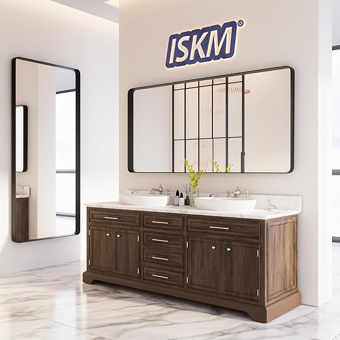 ISKM Black Bathroom Mirror for Wall 40" x 38" Matte Black Framed Vanity Mirror, Shatter-Proof, Tempered Glass, Rounded Rectangle Mirror(Horizontal/Vertical)
