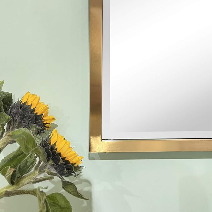 TEHOME Brushed Gold Metal Framed Pivot Rectangle Bathroom Mirror Tilting Beveled Vanity Mirrors for Wall, Overall 27.9 x 36 inches (Mirrror 24 x 36 inches)