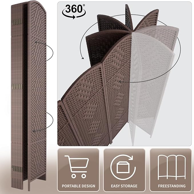 Rose Home Fashion 6 ft Tall Room Divider, Room Dividers and Folding Privacy Screens, 15.7in Privacy Screen 8 Panel Partition Temporary Wall Separation for Private, Brown