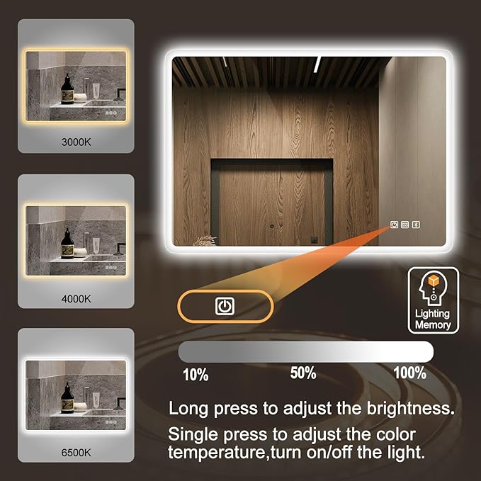 S'bagno 32"x24" LED-Lighted-Bathroom-Mirror, Wall-Mounted-Dimmable-Vanity-Mirror, Bluetooth Speaker Anti-Fog Waterproof Smart Touch Button 3 Colors Bathroom-Lighted-Mirror, Vertical/Horizontal