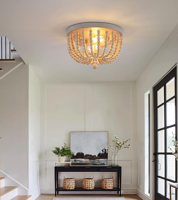 Q&S Boho Chandelier Wood Beaded Flush Mount Ceiling Light Fixtures for Nursery Baby Bedroom Kitchen Hallway,Oak White Finish,2-Lights
