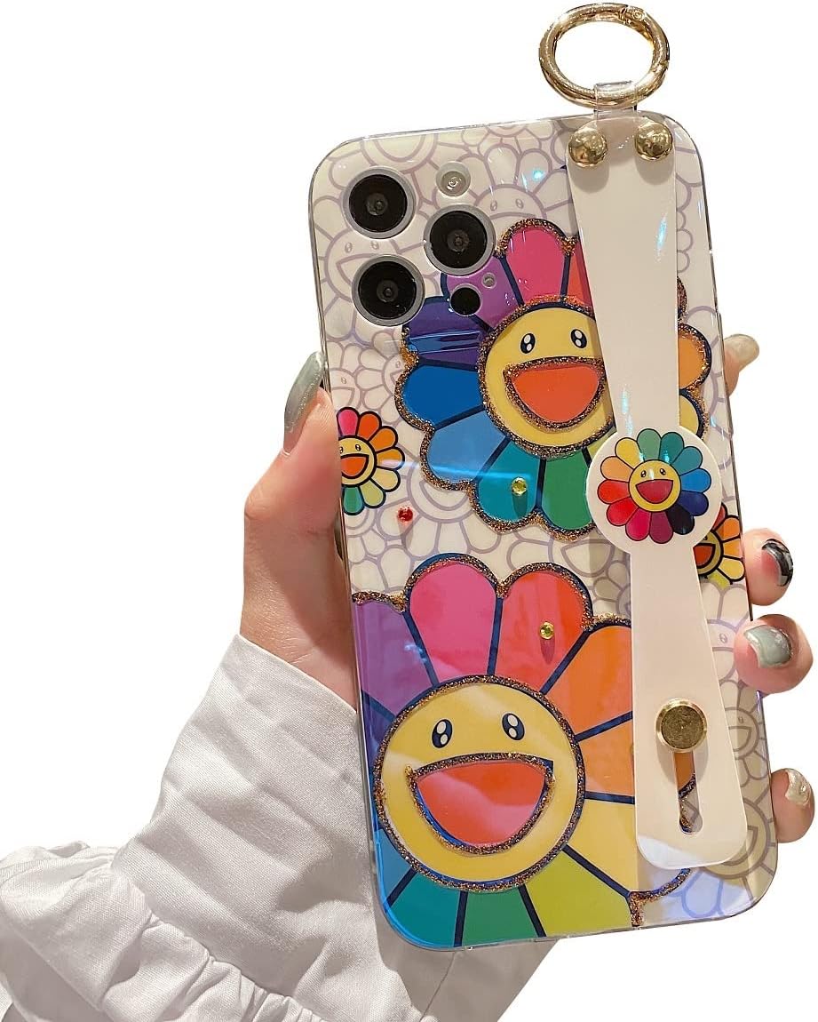 iPhone 13 Pro Max Case, Cute Glitter Bling Kickstand with Wrist Strap, Soft TPU Shockproof Cover for Girls