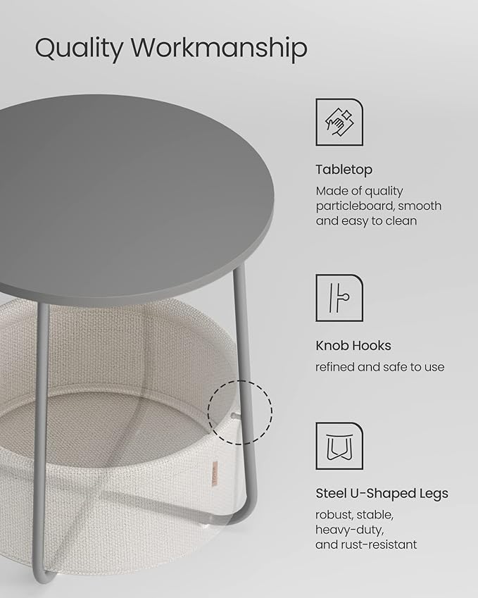 VASAGLE LILEA Collection - Small Round Side End Table, Modern Nightstand with Fabric Basket, Cement Gray and Cream White ULET223G49