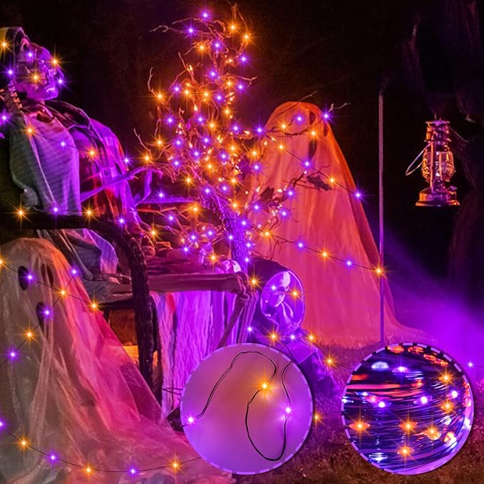 Purple Orange Halloween Timer Fairy Lights Battery Operated 4 Pack 16.4Ft 50 LED Black Wire Twinkle Lights with Timer 5 Modes for Halloween Indoor Outdoor Party Decoration