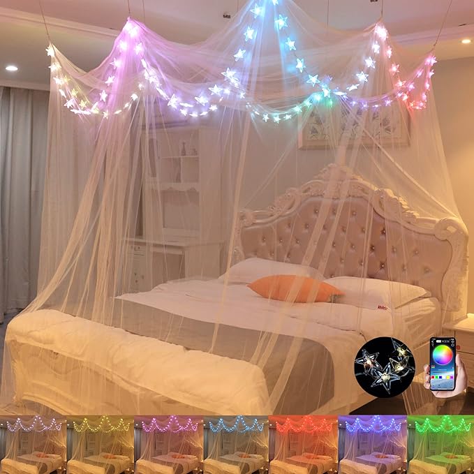Comtelek Bed Canopy with LED Star Lights, Canopy Bed Curtain with RGB Color Changing String Lights with Smart App Control Remote for Princess Girls Bedroom, Suggested for Twin Full Queen King Bed