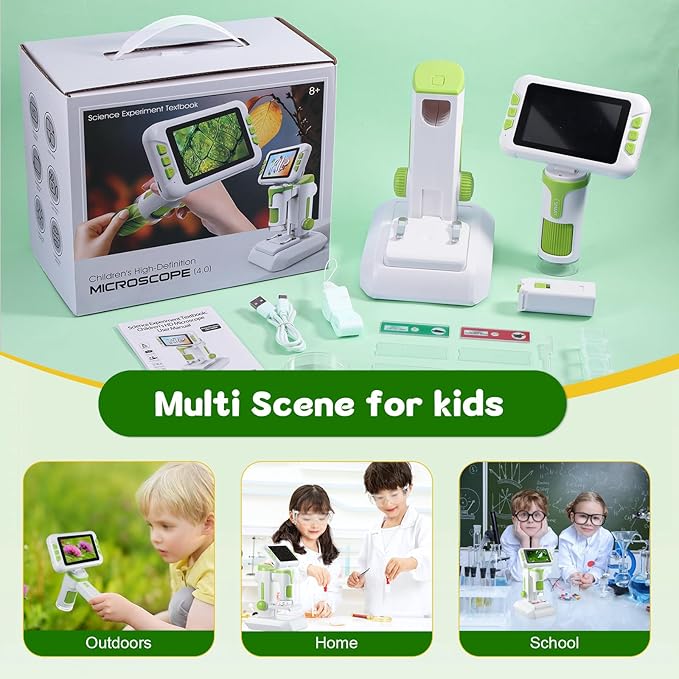 1600X Digital Microscope for Kids, Upgraded Portable Microscope with 4.0 inch HD Screen, 2-in-1 Desktop Handheld Miniscope Rechargeable Student Education Science Microscopes Gift for Kids