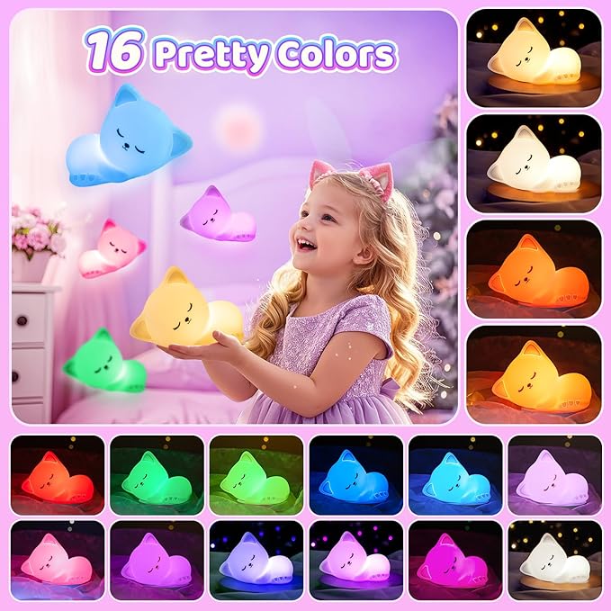 Mubarek Night Light for Kids,16Colors Cat Night Light for Kids Cute Lamp,Dimmable Toddler NightLight for Girls,Soft Silicone Nightlight for Baby Room, Rechargeable Cute Lamp Big Size