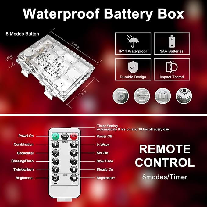 JMEXSUSS 2 Pack Red Christmas Lights Battery Operated Rope Lights Outdoor Waterproof Total 200LED 8 Modes Battery Powered String Lights with Remote for Patio Tree Garden Christmas Decor