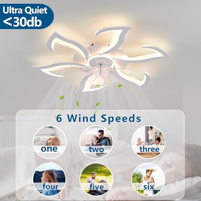 Modern Ceiling Fan with Lights Remote Control, 32" White Flush Mount Fan with 3 Light Colors, 6 Speeds Low Profile Ceiling Fan for Kitchen Bedroom