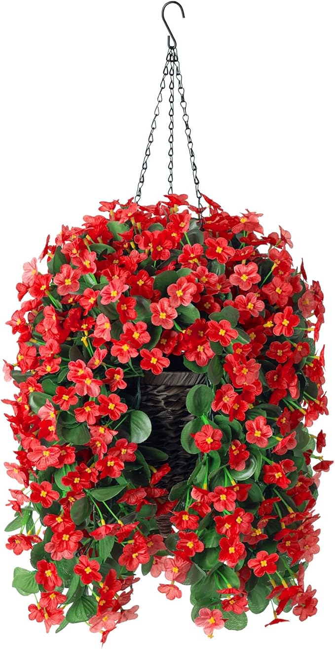 Artificial Fall Hanging Flowers with Baskets, Fake Silk Hanging Basket Daisy Orchid Flowers Plants, Faux Mums Flower Centerpieces for Home Indoor Outdoor Garden Patio Autumn Decoration(Red)