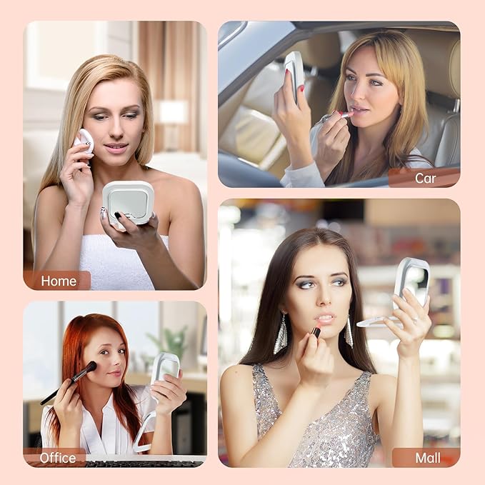 FASCINATE 10X Magnification Compact Travel Makeup Mirror with Lights and Magnification, 3.5 inch Portable 1X/10X Magnifying Mirror with 3 Color Light, Folding, Handheld (White)
