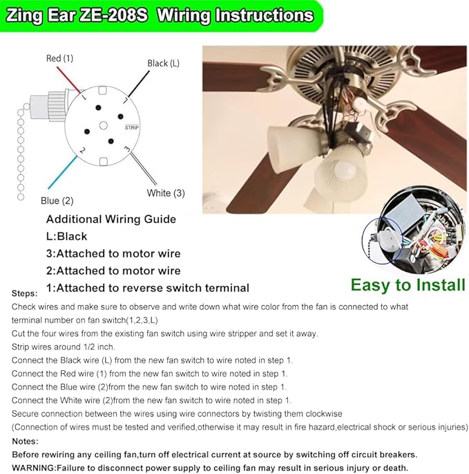 Ceiling Fan Pull Chain Switch Zing Ear ZE-208s E89885,3 Speed 4 Wire Pull Chain Fan Light Switch with 4 Pre-Installed Wires Fit for Harbor Breeze Fans Replacement Part (Nickel)