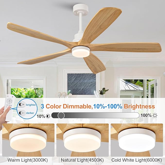 BOJUE 60 Inch Outdoor Ceiling Fans with Lights and Remote Control, Dimmable 5 Blade Wood Outdoor Ceiling Fans for Patios, White Natural Wood Bedroom Ceiling Fan with Lights, Noiseless DC Motor