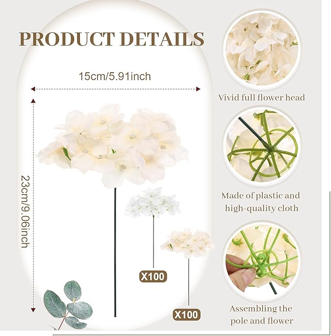 Zeyune 200 Pcs Hydrangea Artificial Flowers, Silk Flower Heads with Stems, Fake Hydrangea Bouquet for Wedding Arch Centerpiece DIY Floral Home Decoration (White and Champagne)