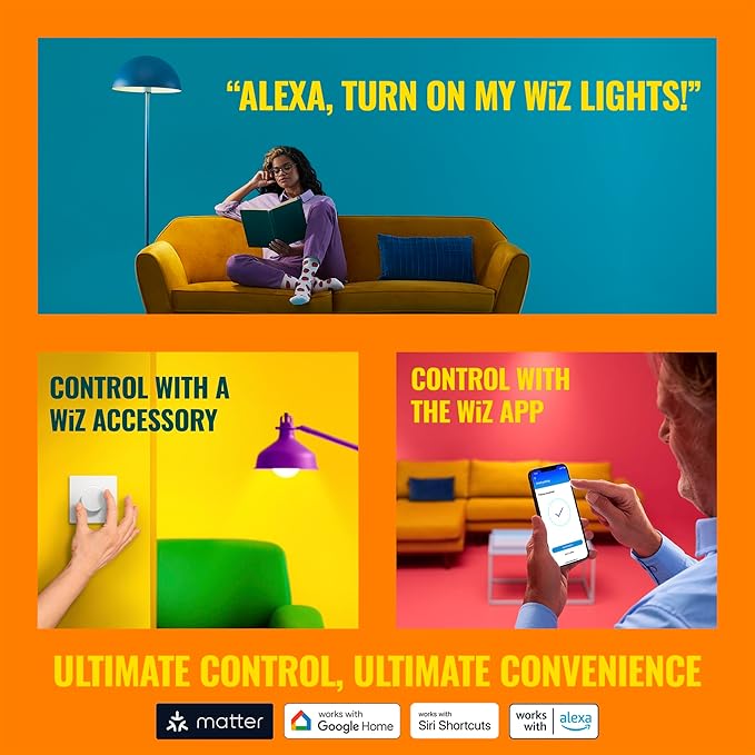 WiZ Connected Smart Light Bulbs, Sunset to Sunrise Automation + Motion Detection + Control with Voice or App, Full Color A19 60W 800LM Indoor, Matter Compatible -3 Pack