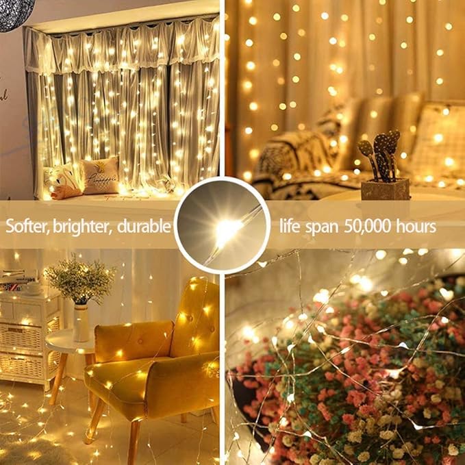 Meliven 300 LED Curtain Lights 9.8Ftx9.8Ft, 8 Modes Fairy Lights Curtain with Remote, Timer, Dimmable, USB Powerd, Warm White Backdrop Light for Wedding, Party, Home, Bedroom Decorations