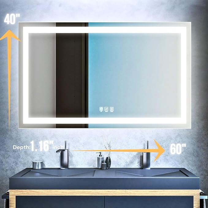 LED Bathroom Mirror 60"x 40",Front Lit and Backlit Bathroom Mirror with Lights,Stepless Dimmable,Anti-Fog, Shatter-Proof, Memory, 3 Colors Lighted Vanity Mirror (Horizontal/Vertical)