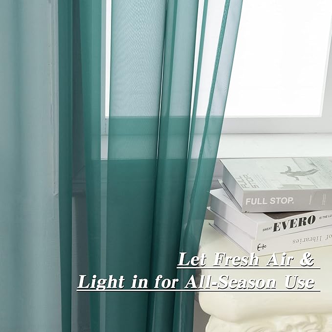 HUTO Dark Teal Green Sheer Curtains 45 inches Long for Bedroom Top Rod Pocket Sheer Window Panels Curtains for Nursery Living Room 52 by 45 Inch Length Set of 2