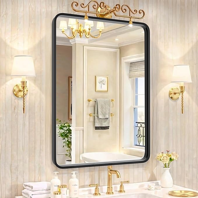 SUPER DEAL 24x36 Inch Black Wall Mirror for Bathroom, Stainless Steel Metal Frame with Rounded Corner, Rectangular Bathroom Entryways Decor Vanity Mirrors Wall Mounted