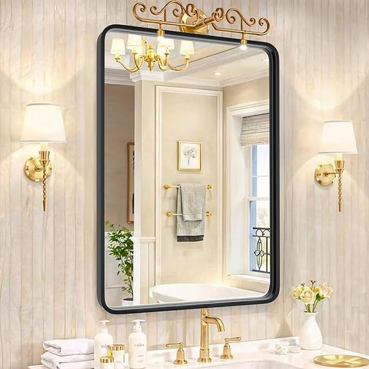 SUPER DEAL 24x36 Inch Black Wall Mirror for Bathroom, Stainless Steel Metal Frame with Rounded Corner, Rectangular Bathroom Entryways Decor Vanity Mirrors Wall Mounted