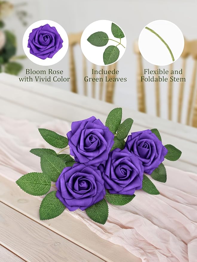 MACTING Purple Artificial Flowers 30PCS Fake Roses with Stem Real Soft Touch Foam Roses DIY Wedding Bouquet Table Centerpieces Party Bridal Shower Home Halloween Decorations