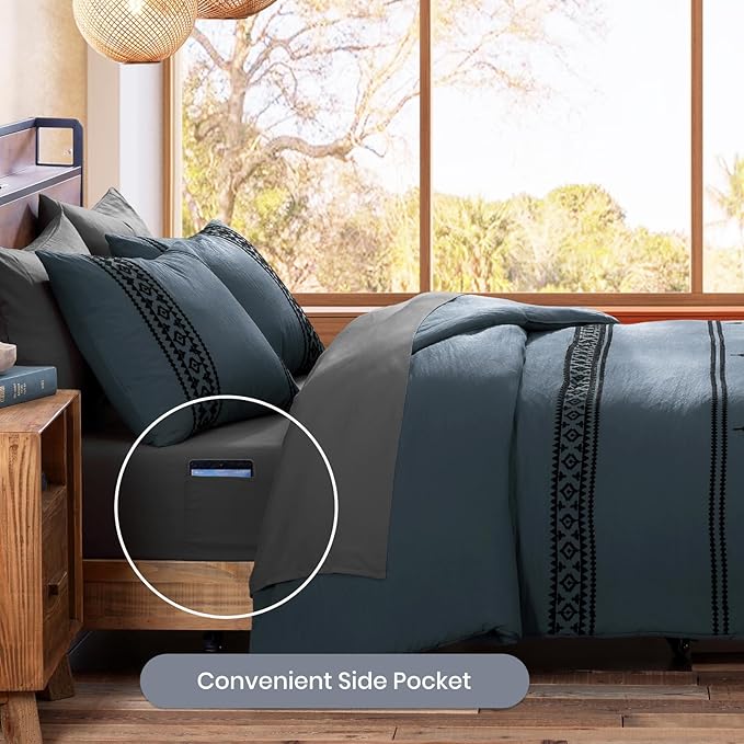 MaiRêve Embroidery Full Size Comforter Set Blue Grey, Farmhouse Western Boho Bedding Set 7 Pieces, All Season Bed in A Bag Comforter Set with Sheets, Pillowcases & Shams