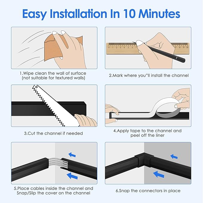 Yecaye 125in Cord Hider, Large Cord Covers for Wires on Wall, Cable Management Kit for Mount TVs, Wire Hider Cable Concealer for Home Office, W1.18in H0.6in, Black