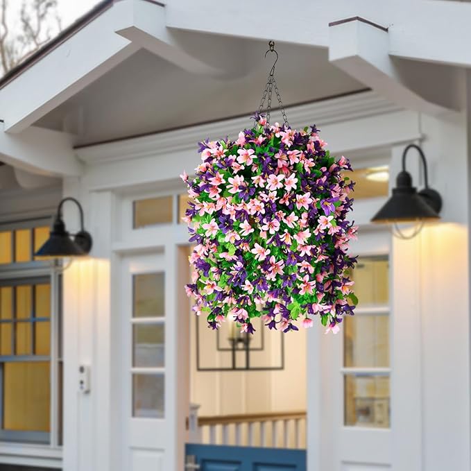 INQCMY Artificial Hanging Flowers in Basket for Outdoor Summer Decoration,4pcs Faux Silk Violet in Planter UV Resistant for Outside Home Patio Garden Proch Deck Decor(Pink Purple)
