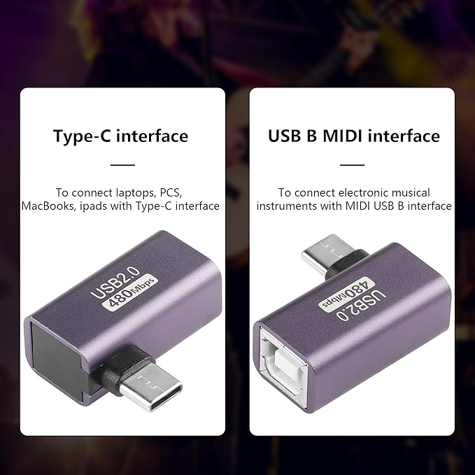 SinLoon 2 Pack USB C to USB B Adapter Type C to MIDI Convert Connector Type C Male to USB B Female Printer Adapter for Eectric Piano DAC,Synthesizer,DJ Controller,Keyboard,Printer (90 Degree)