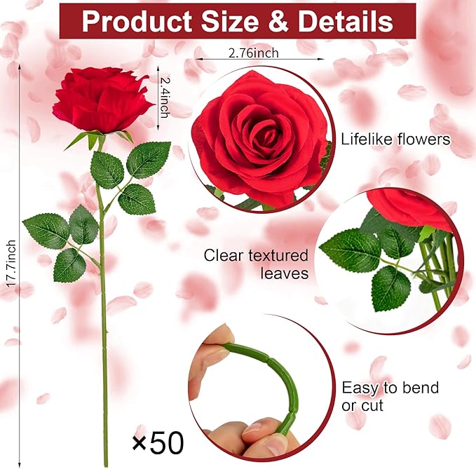 Ouddy Decor 50 Pcs Artificial Red Roses Bulk Realistic Fake Silk Flowers with Long Stems for Wedding Bridal Bouquet DIY Table Centerpieces Arrangement Valentines Home Decor