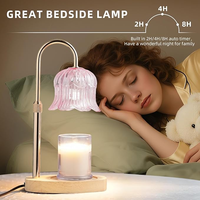 Candle Warmer Lamp with Timer: Flower Shape Wax Lamp Candles No Flame Home Decor Pink Candles Warming Lights