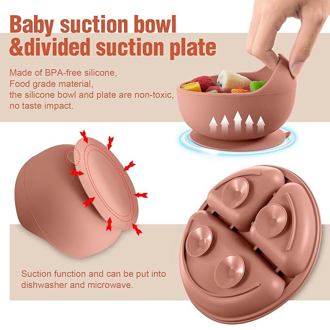 10 Pack Silicone Baby Feeding Set, Toddlers Led Weaning Feeding Supplies with Suction Baby Bowl Divided Plate Adjustable Bib Soft Silicone Spoon Fork, Infant Self Eating Utensil Set (Beige, Orange)
