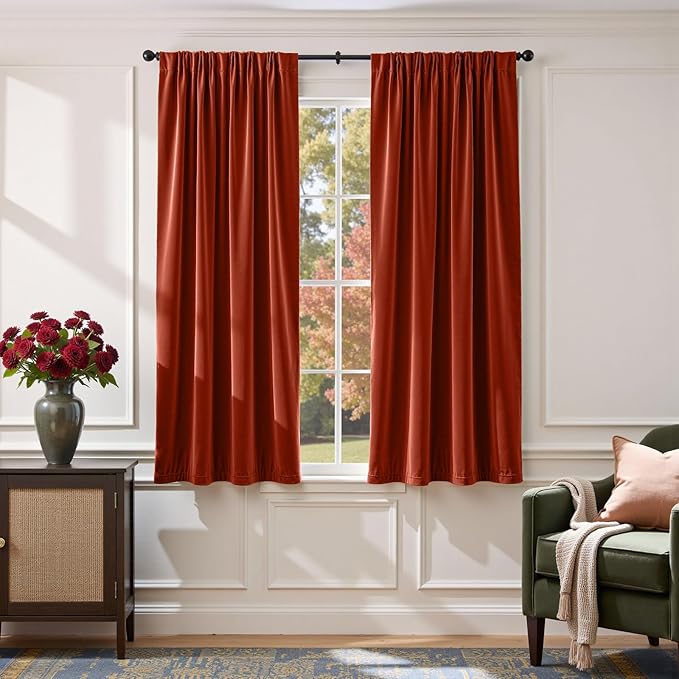 Lazzzy Velvet Blackout Curtains Thermal Insulated Room Window Drapes Super Soft Luxury Curtains for Living Room Bedroom Rod Pocket 2 Panels, Rust Red, 52" W x 63" L