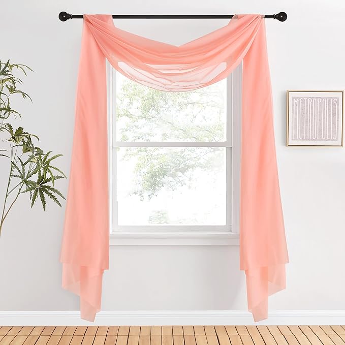 NICETOWN Sheer Scarf Curtain for Bedroom - Soft Voile Textured Window Topper Curtain Valance for Princess/Daughter Room Decor (W60 x L216, 1 Pack, Coral)