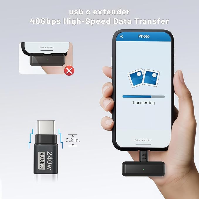 USB C Extender Adapter Straight (3 Pack) 40Gbps 240W Cable Extension Type-C Low Profile Male to Female Thunderbolt QC & Data Transfer for USB-C Devices