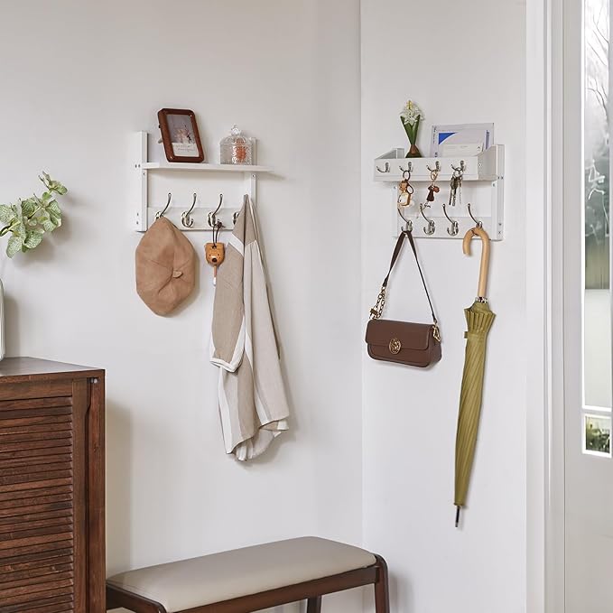 YMYNY 31.5" Coat Rack Wall Mount with Shelf, 4 in 1 Key and Coat Hanger with 12 Metal Hooks, Wall Shelf with Hooks & Mail Holder for Living Room, Bedroom, White, HWS007W-2