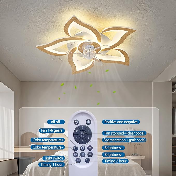 24" Wooden Geometric Ceiling Fan with Lights Remote Control, 3 Light Color 6 Speeds Low Profile Flush Mount Ceiling Fan for Kitchen Bedroom Living Room
