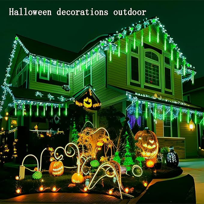 Kwaiffeo Halloween Lights Outdoor, Meteor Shower Lights for Xmas Halloween Decorations Outdoor Party St. Patrick's Day, UL Plug, Green