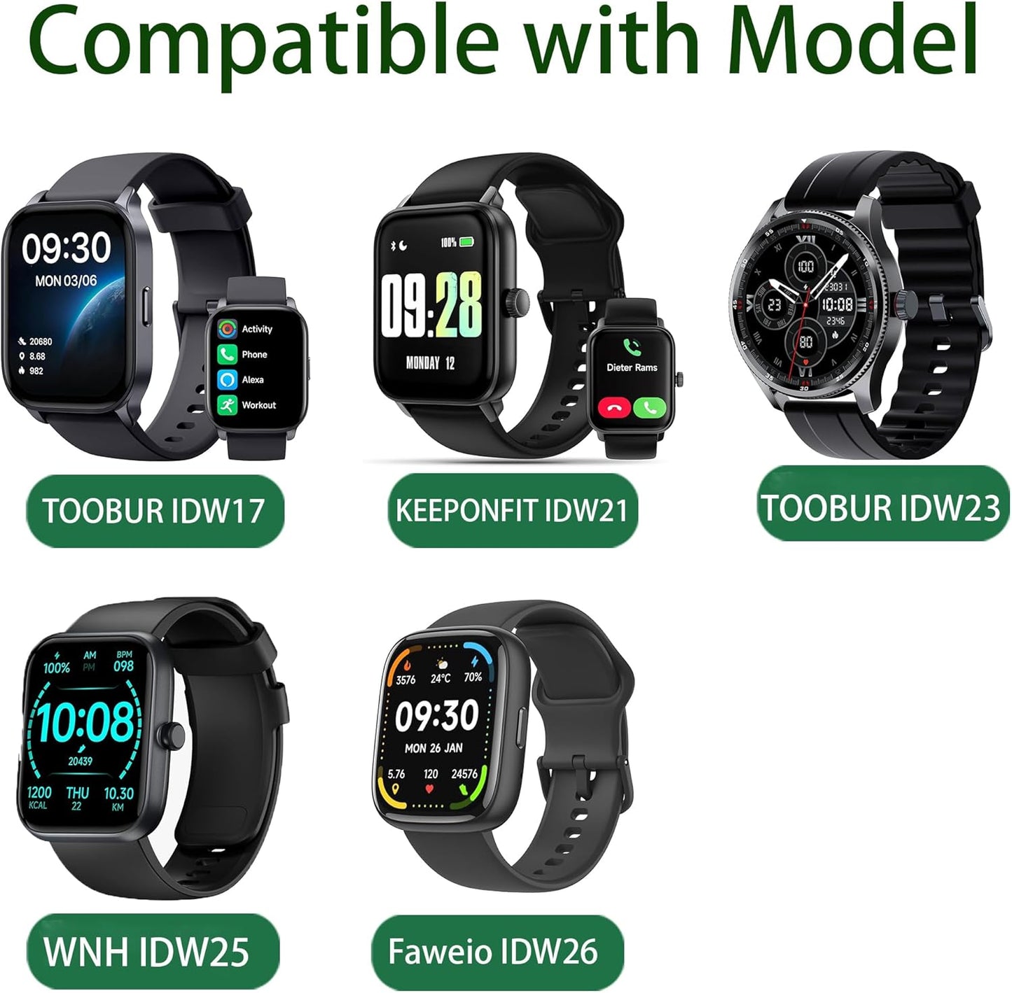 IDW17, IDW21, IDW23, IDW25, IDW26 Smart Watch Band, 22mm Leather Silicone Breathable Replacement Strap for Faweio IDW26