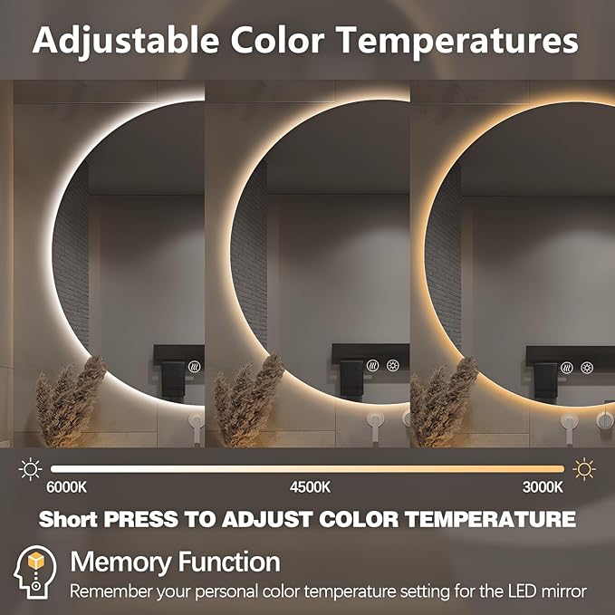 Niccy Round Led Mirror for Bathroom, 30" Circle Frameless Backlit Mirror wiht Light, Anti-Fog, 3 Colors, Waterproof, Memory Function