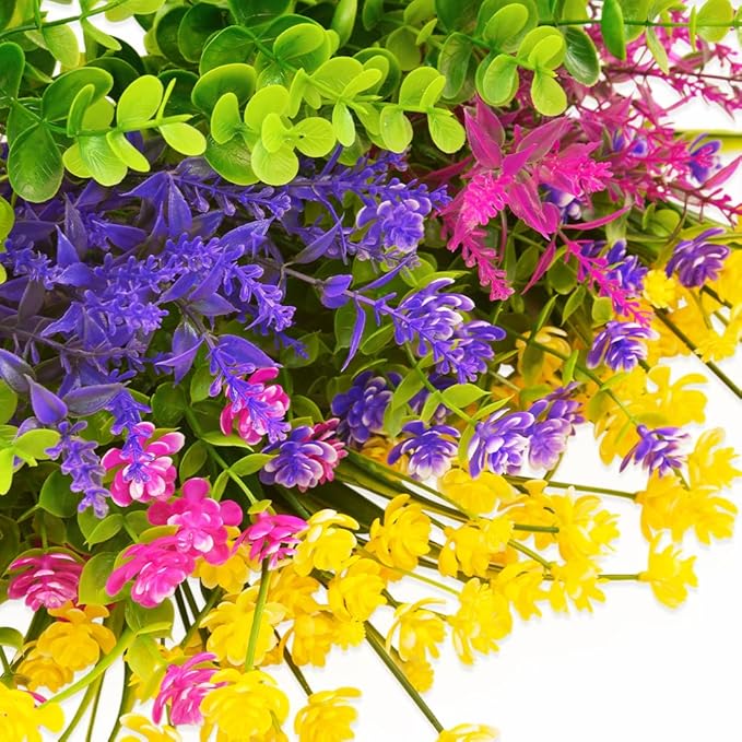 12 Bundles Outdoor Artificial Fake Flowers UV Resistant No Fade Boxwood Faux Plastic Shrubs Plants for Garden Patio Porch Window Box Home Wedding Farmhouse Hanging Décor