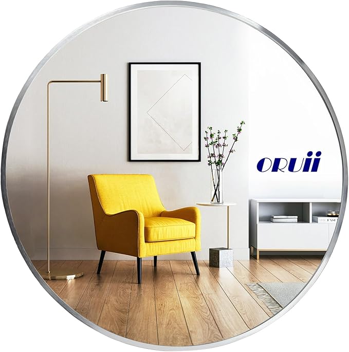 Silver Round Mirror, Silver Round Mirror 24 inch, Circle Bathroom Mirrors Metal Frame, Circle Mirrors for Wall, Over Sink, Bathroom, Living Room, Vanity.