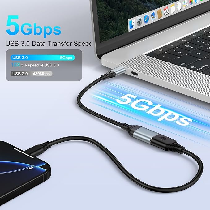 USB C to USB 3.0 Adapter, OTG Adapter for Android iPhone 16e/16/16 Pro/16 Pro Max/16 Plus/15/15 Pro/15 Pro Max/15 Plus, Type C Male to USB Female OTG Cable for Samsung Galaxy S25, MacBook Pro, Camera