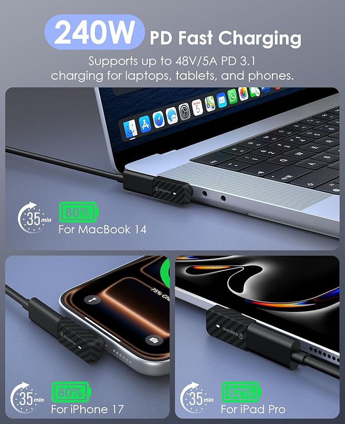 Magtame Magnetic USB C Adapter 90 Degree 24Pin 240W (1Pack with 2 Tips), Right Angle Carbon Fiber Plastic Male to Female USB C Extender, 40Gbps & 4K Video for Laptop, iPhone 17/16/15, Galaxy, Laptop