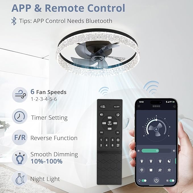 LEDIARY 22" Modern Ceiling Fans with Lights and Remote, Dimmable Low Profile Ceiling Fan, Flush Mount Ceiling Fan, Stepless Color Temperature Change and 6 Speeds - Black
