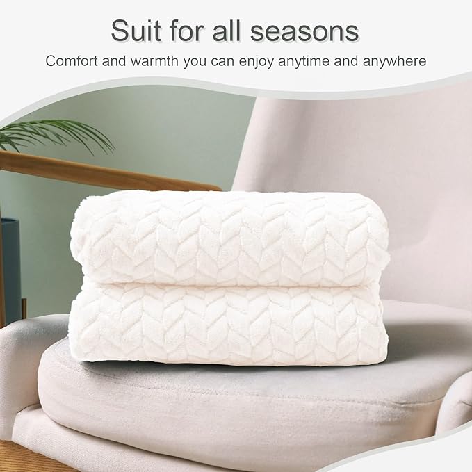 Exclusivo Mezcla Fleece Throw Blanket for Couch, 50x70 Inches Soft Cozy Jacquard Flannel Blankets, Lightweight Fuzzy Plush Warm Throws for Winter, Off White