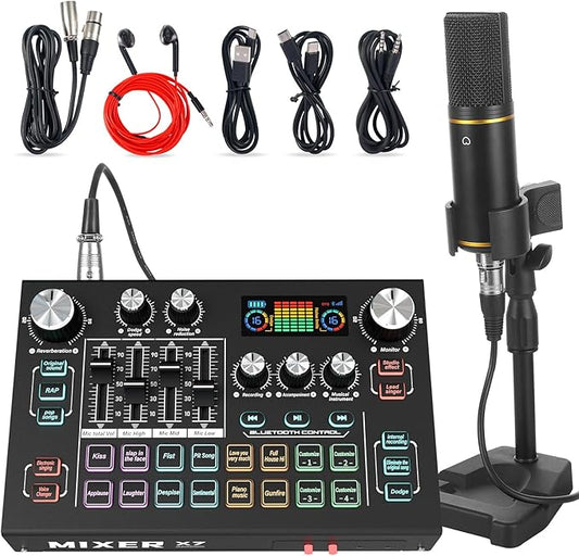 RHM Podcast Equipment Bundle with 48V Phantom Power & Condenser Microphone, 4 Customized Soundpads, 12 Preset Sound Effects, 4 Voice Changing Modes & LCD Display, for PC/Phone/Live Streaming