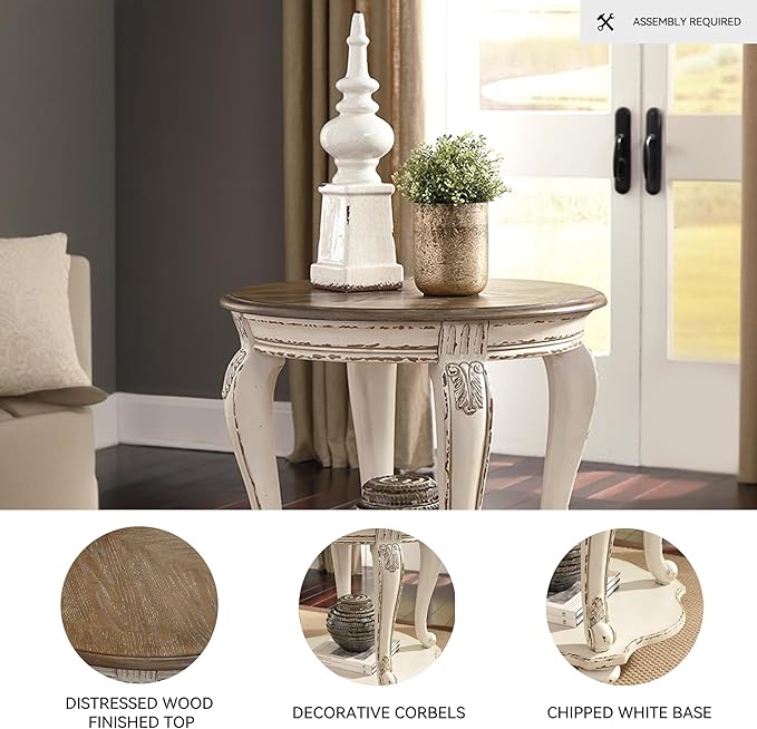 Signature Design by Ashley Realyn French Country Round End Table Two-Tone Accent Table – Chipped White