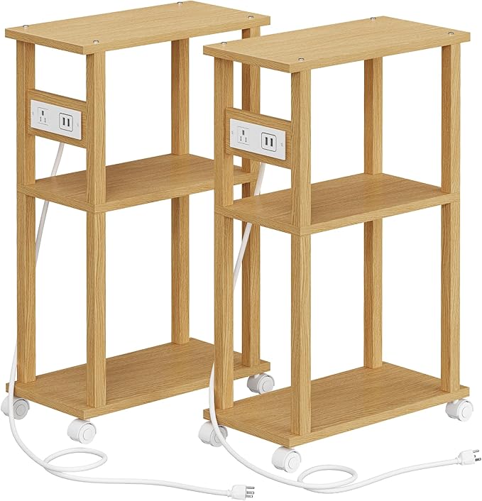 TUTOTAK Small Narrow Side Table with Charging Station, Skinny End Table for Small Spaces, Slim Nightstand with USB Ports and Outlet, Sofa Beside Table with Wheels, Natural TB01BN047